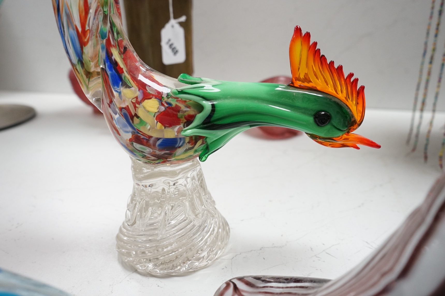 Art glassware comprising a Murano glass cockerel, a large ladies boot and a pair of dolphins, largest 48cm high